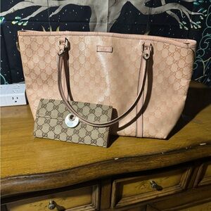 Gucci Blush Pink GG Canvas Tote with Matching Monogram Wallet